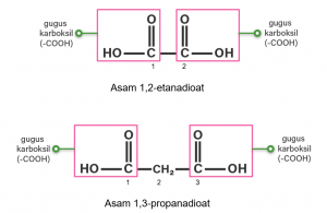 Tuliskan struktur asam 1,2-etanadioat dan asam 1,3-propanadioat beserta kegunaannya
